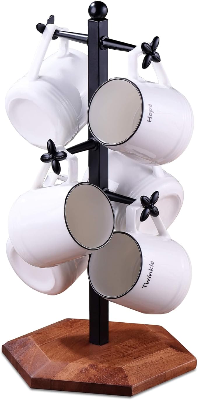 Coffee Mug Holder, Mug Tree for Counter, Cup Holder with 6 Floral Hooks, Wooden Mug Rack, Mug Stand for Counter, Coffee Bar Station Organizer, Black-NeatNest