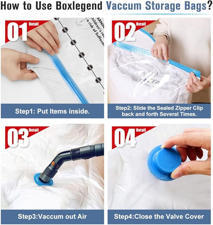 BoxLegend Vacuum Storage Bags with Large Hand Pump 30 Combo (4 Jumbo, 10 Large, 10 Medium, 6 Small) Thickened Vacuum Seal Bags for Clothing Space Saving for Clothes Pillow Comforters Bedding-NeatNest