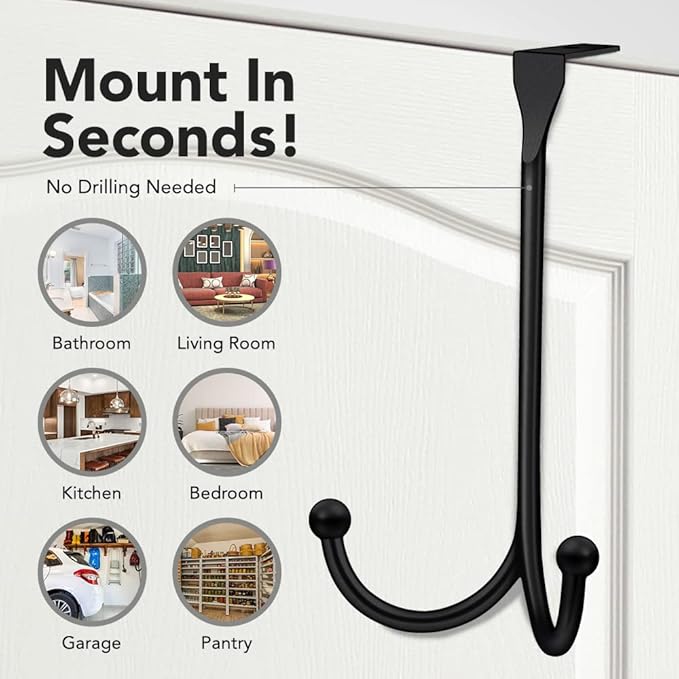 2-Pack Over The Door Hooks - with 2 Hang Heads & Snug Fit Pads Heavy Duty Hook for Hanging Coats, Towels, Caps & Robes - Elegant Matt Finish - No Drill Hanger Organizer - Black