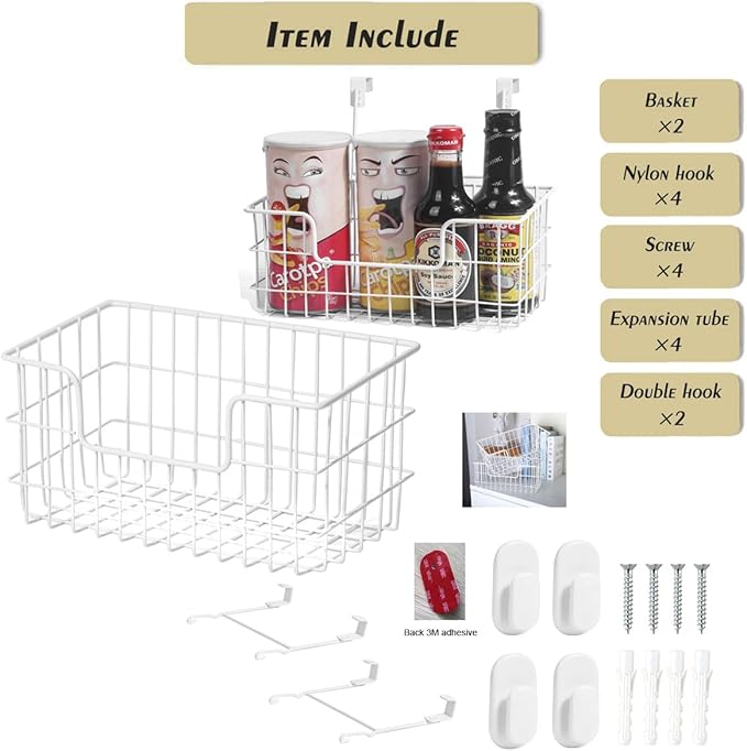 Wire Storage Basket 2 Packs, Wall Mounted Kitchen Bathroom, Hanging Cabinet Door Storage Basket, no Drilling, Supporting 2 Types of Hooks, Strong Bearing, Suitable for Home, White