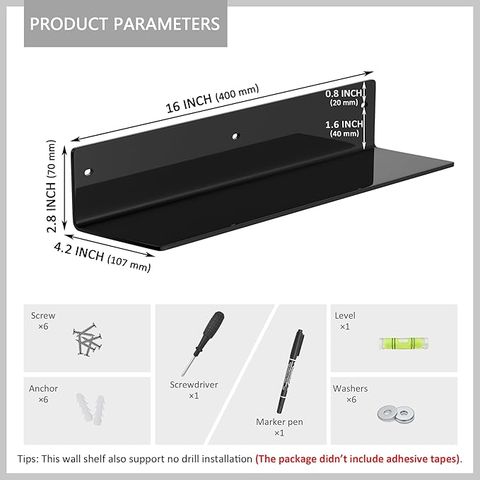 16 Inches Black Acrylic Wall Shelves 2 Pack, L Shape Floating Shelf, Acrylic Corner Shelf for Model Car, Candle, Calendar, Towel, Toiletries, Moisture-Proof, 4'' Depth-NeatNest