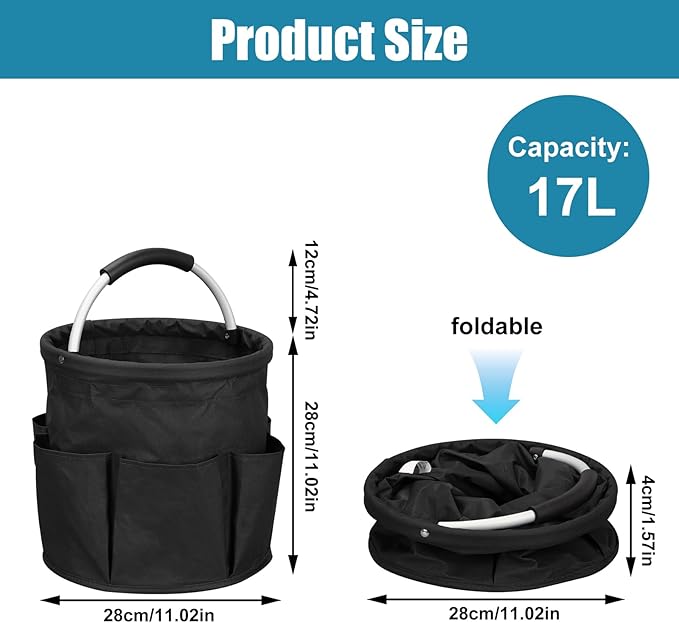 Qivine 17L Cleaning Caddy with Handle, Cleaning Supply Caddy Foldable Tool Bag Cleaning Products Organizers Portable Cleaning Bucket Organiser for Storing Towels (Black)
