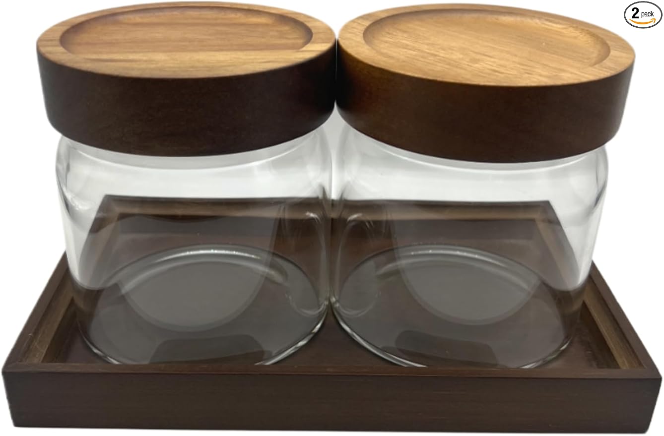 Clear Glass Storage Canister with Airtight Wooden Screw Lid 25oz/750g 2 PACK with Tray,Decorative Container Jar for Coffee,Spice,Candy,Salt,Cookie,Condiment,Pepper,Sugar,Overnight Oatmeal-NeatNest