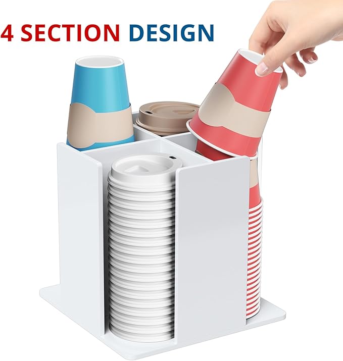 Cup and Lid Holder, 4 Compartment, Square | Rotating Coffee Cup Dispenser Lid Carousel for Restaurant, Buffet, Coffee Station, Bar, Countertop, White Acrylic-NeatNest