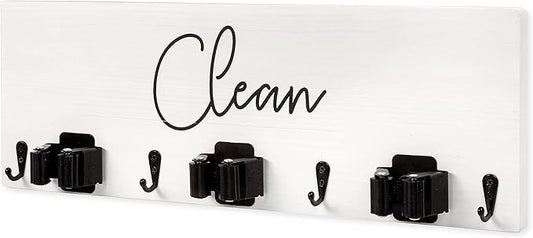 Ilyapa Broom Organizer Wall Mount, Broom and Mop Organizer Hanging, White Wooden Hanger Wall Mount, Kitchen Laundry Room Storage Rack Holder, Farmhouse Arranger with Hooks