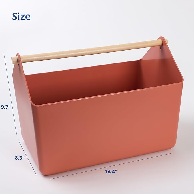 BLUE GINKGO Large Storage Basket – Plastic Caddy with Wooden Handle for Bathroom, Pantry, or Cleaning Supplies (Terracotta)-NeatNest
