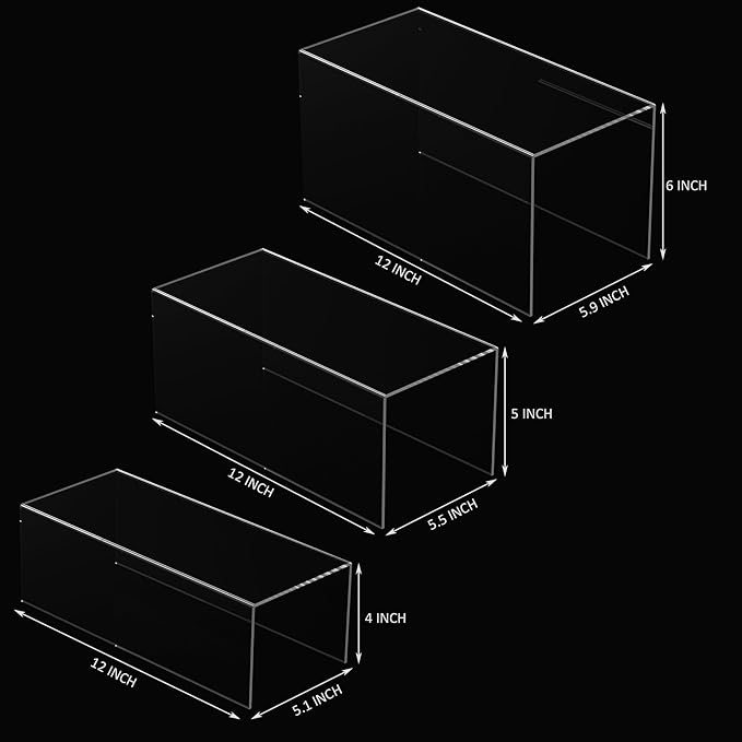 Clear Display Risers Shelf 3pcs, Countertop Rectangular Acrylic Display Storage Organizer, Acrylic Stands for Funko Pop Figure, Cosmetics, Bags, Shoes, Toys, Collectibles - 12- 4'', 5'', 6''-NeatNest