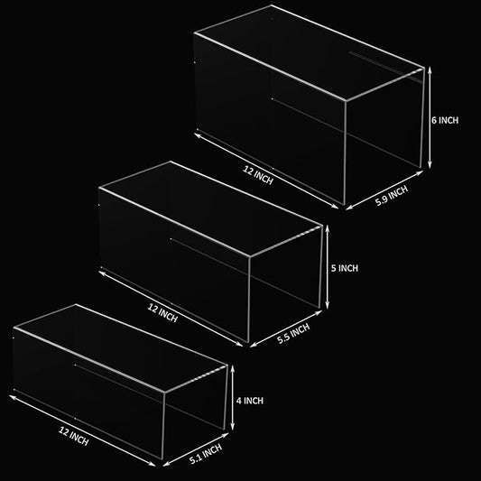 Clear Display Risers Shelf 3pcs, Countertop Rectangular Acrylic Display Storage Organizer, Acrylic Stands for Funko Pop Figure, Cosmetics, Bags, Shoes, Toys, Collectibles - 12- 4'', 5'', 6''-NeatNest