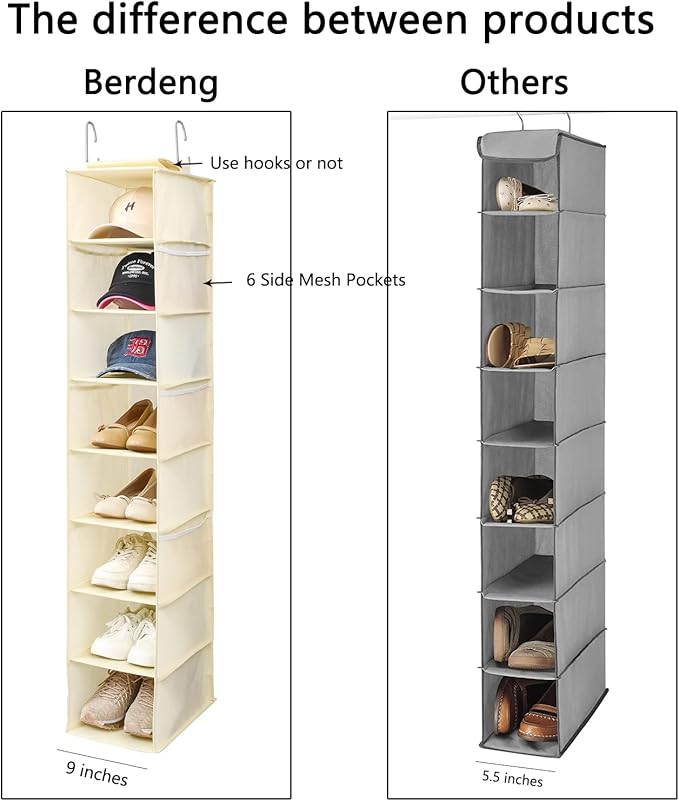Hanging Shoe Organizer for Closet with Side Mesh Pockets，Hat Racks for Baseball Caps，Shoe and Hat Holder & Storage，8-Shelf，Beige，2 Pack-NeatNest