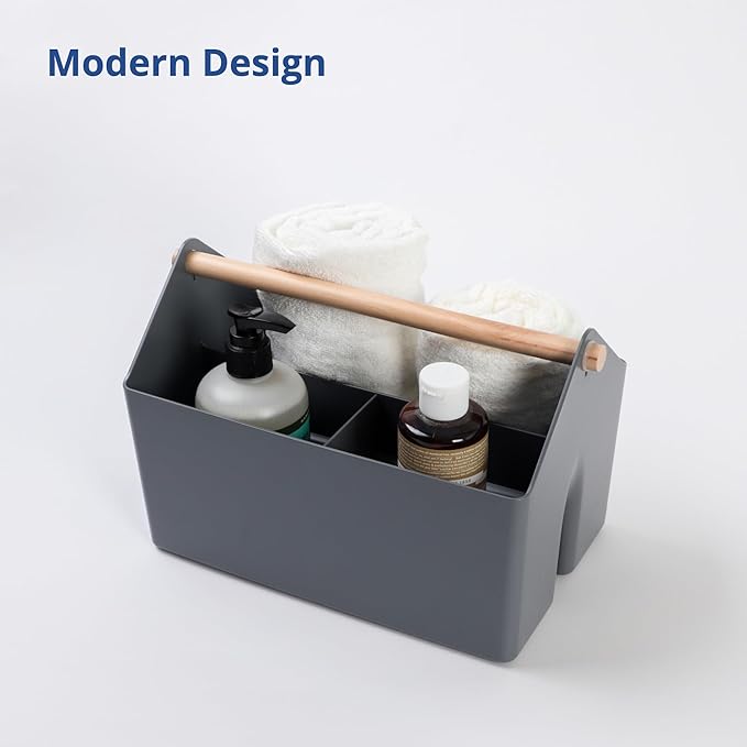 BLUE GINKGO Medium Storage Basket – Plastic Caddy with Wooden Handle for Office, Arts & Crafts, or Home Supplies (Gray)-NeatNest