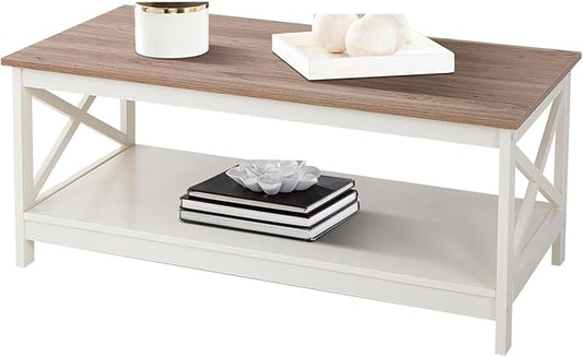 Sophia & William Farmhouse Coffee Table with Storage Shelf for Living Room, Ivory-NeatNest