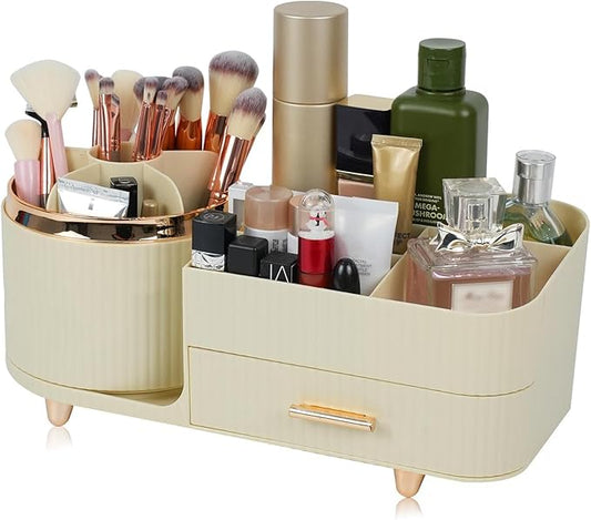 Makeup Organizer Countertop with Drawer 360 Rotating Brush Holder Storage Large Capacity Skincare Cosmetic Display Cases for Vanity Bathroom Desktop, Model 3016 Cream-NeatNest
