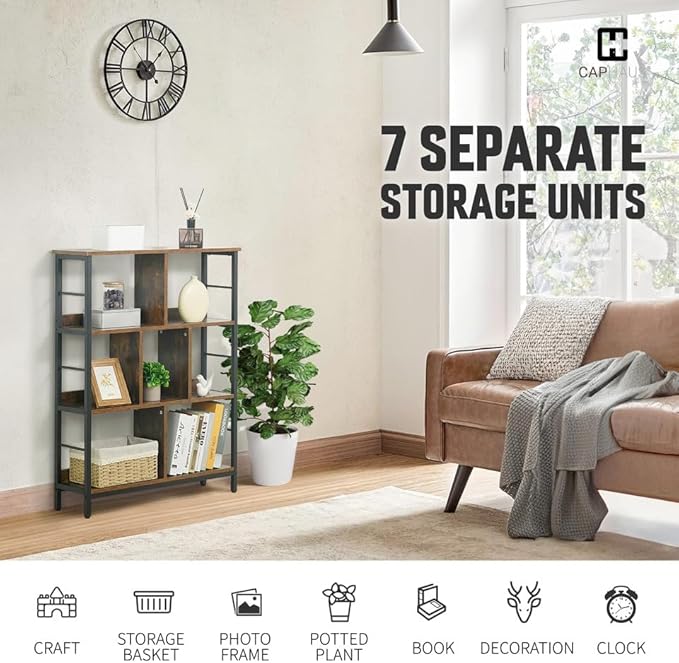 CAPHAUS 7 Cube Storage Organizer, 32” Wide 3 Tier Rustic Oak Industrial Open Shelf Bookcase, Display Shelf, Horizontal Bookshelf with Metal Frame, Wooden Board, for Living Room, Bedroom, Office-NeatNest