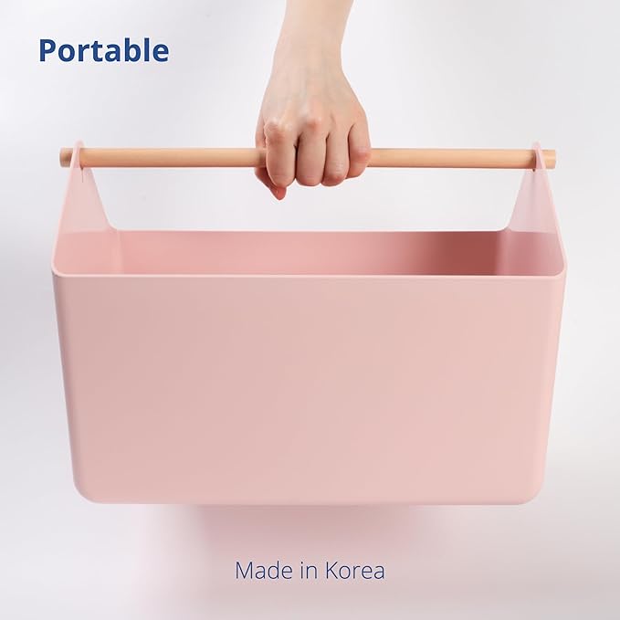 BLUE GINKGO Large Storage Basket – Plastic Caddy with Wooden Handle for Bathroom, Pantry, or Cleaning Supplies (Pink)-NeatNest
