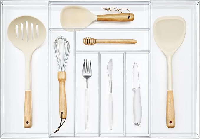 Expandable Kitchen Drawer Organizer Clear Acrylic Utensil Organizer Adjustable Acrylic Silverware Storage for Kitchen Drawers Silverware Flatware Knives(6-8 Compartments,12 x 16 Inches)