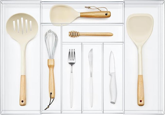 Expandable Kitchen Drawer Organizer Clear Acrylic Utensil Organizer Adjustable Acrylic Silverware Storage for Kitchen Drawers Silverware Flatware Knives(6-8 Compartments,12 x 16 Inches)