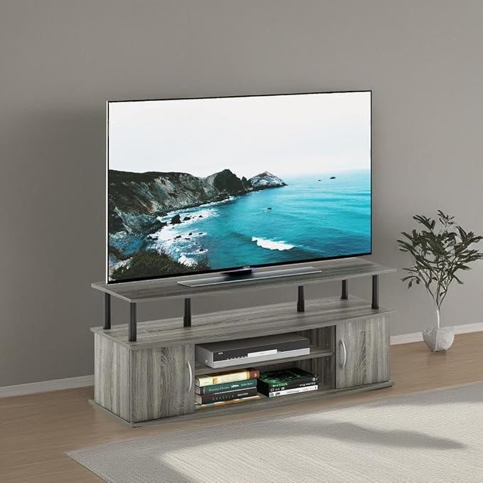 Furinno JAYA Large Entertainment Stand for TV Up to 55 Inch, French Oak Grey/Black-NeatNest