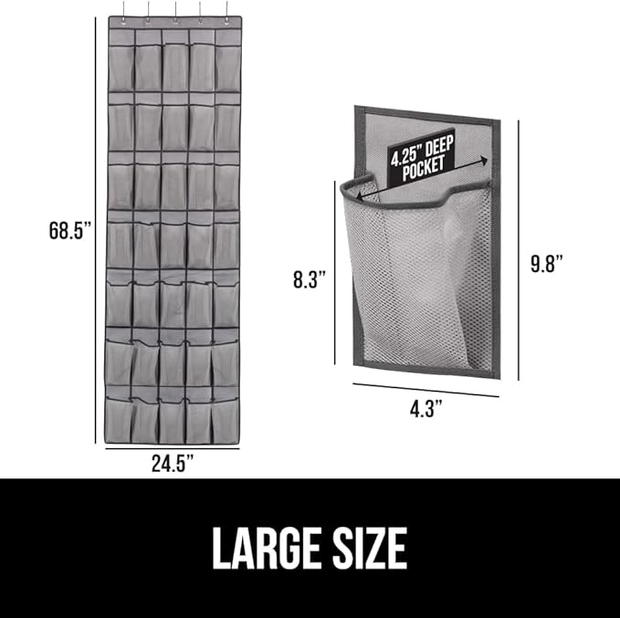 GORILLA GRIP Over the Door Shoe Organizer, 35 Large Breathable Mesh Pockets, Space Saving Hanging Storage Holder, 5 Hook Closet Rack Hanger, Hangs on Closets for Shoes, Accessories 68.5H x 24.5W Gray-NeatNest