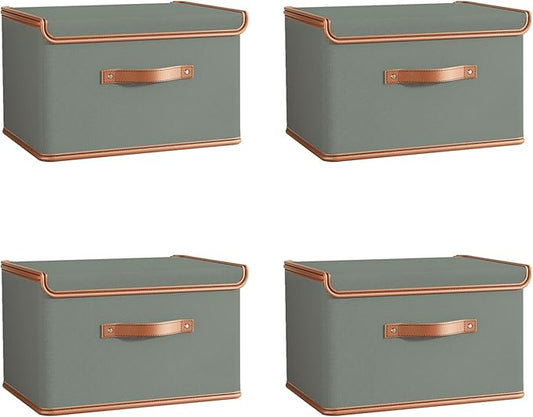 Tuza 4 Pack Storage Bins with Lids, Collapsible Closet Organizer Container, Fabric Organizer Box with Handles, Decorative Storage Boxes with Lids for Organizing Clothes, Blanket, Grey, Large-NeatNest