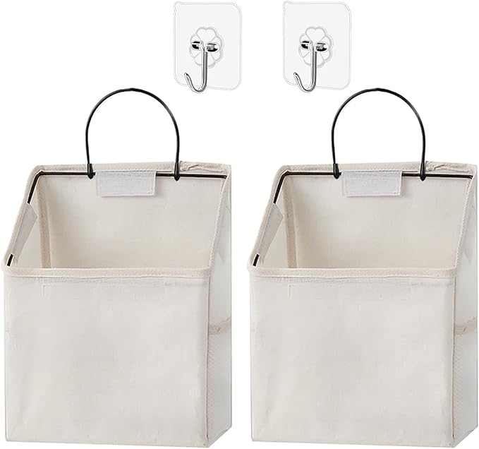2 Pack Wall Hanging Storage Bag, Hanging Organizer Bag with Sticky Hook, Wall Organizer for Dormitory Bathroom Bedroom Kitchen (White)-NeatNest
