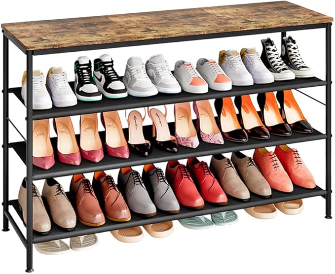 Shoe Rack Organizer 4 Tier Long Metal Organizer Shelf with Industrial MDF Board and Layer Fabric for Entryway Closet Bedroom Living Room Garage,Black & Rustic Brown-NeatNest