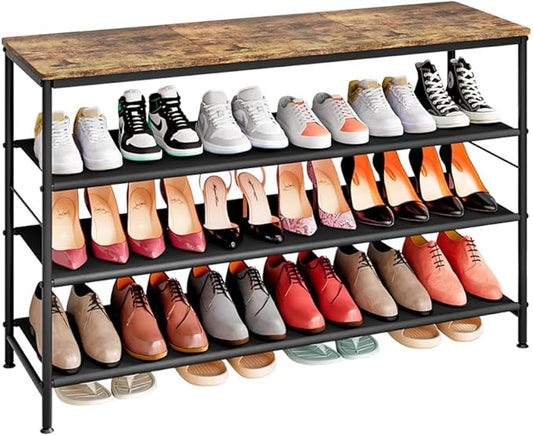 Shoe Rack Organizer 4 Tier Long Metal Organizer Shelf with Industrial MDF Board and Layer Fabric for Entryway Closet Bedroom Living Room Garage,Black & Rustic Brown-NeatNest