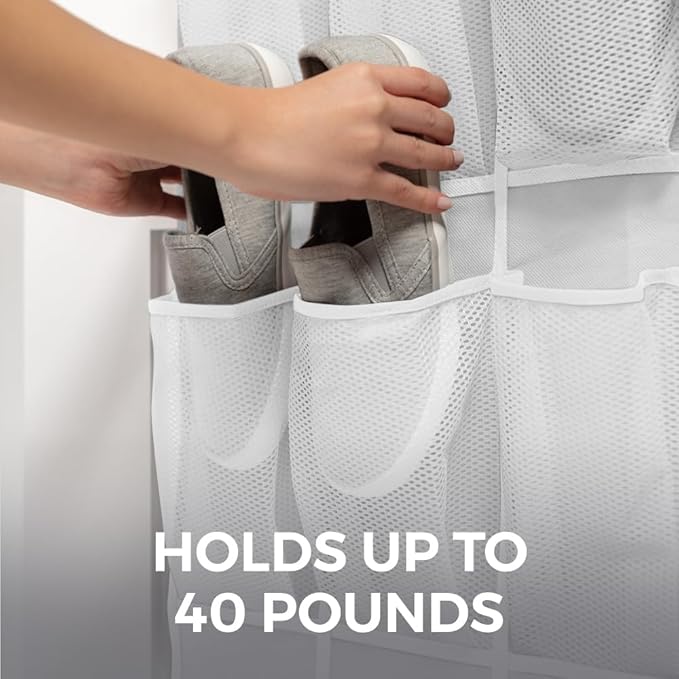 HOME GENIE Over the Door Hanging Shoe Organizer, 24 Breathable Mesh Pockets, Closet Rack Storage Holder, Stay in Place Hooks Hang on Closets, Hanger Holds Up to 40 lbs for Shoes, Accessories, White-NeatNest