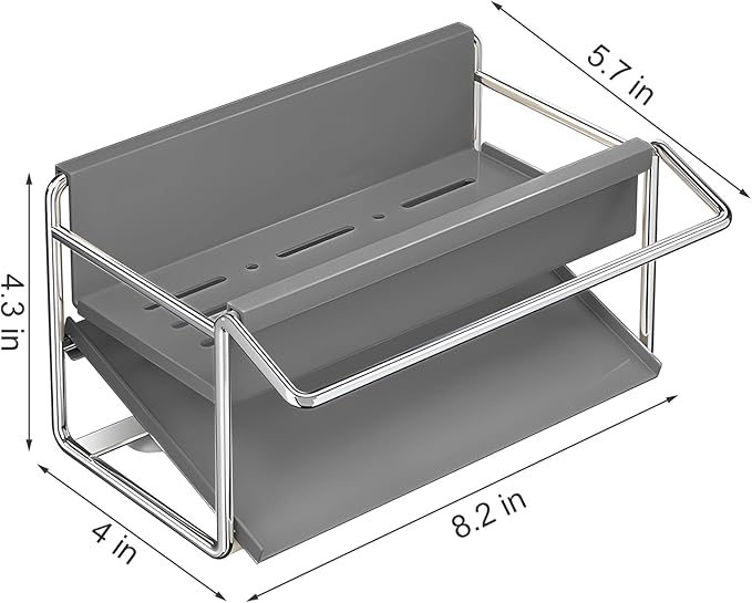 Kitchen Sink Sponge Rack, Self Draining Kitchen Sink Storage Rack, Rust-Proof Stainless Steel Dish Sponge Storage Rack (with Dish Cloth Rack), Bathroom Soap Dispenser Storage, Gray-NeatNest