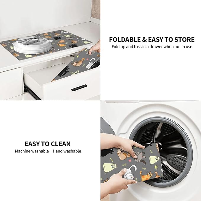 Cute Cat Dish Drying Mat 18 x 24 Inch for Kitchen Counter Cute Kitchen Mat Microfiber Kitchen Countertop Absorbent Reversible Drainer Rack Pad Dish Drying Mat 1PC-NeatNest