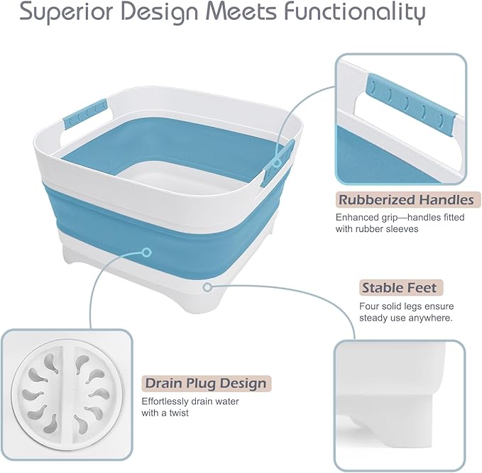 2.4 Gal Collapsible Wash Basin with Drain Plug, Space-Saving Portable Wash Tub, 9L Dish Pan for Soaking Baby Bottles and Pump Parts, Versatile Dish tub for Kitchen, RV, Outdoor Camping Sink (Blue)-NeatNest