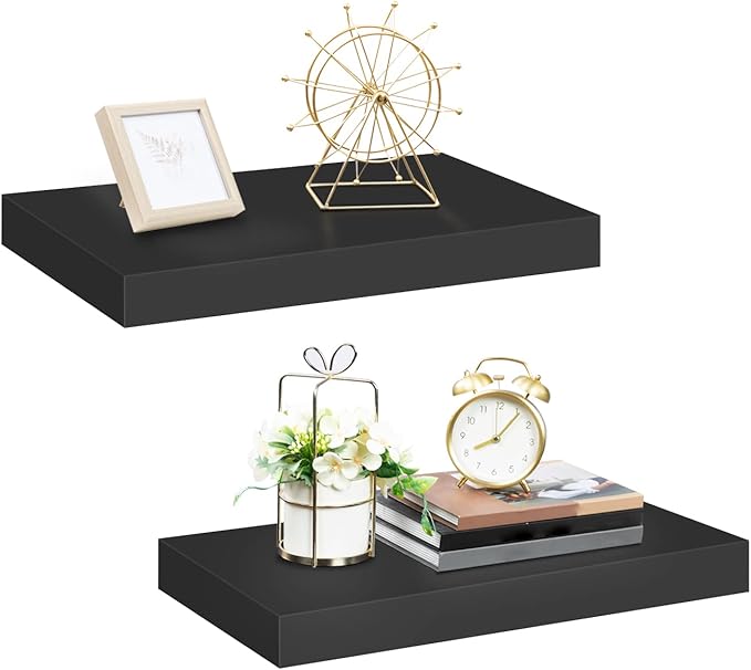 HOOBRO Floating Shelves for Wall, Wall Mounted Shelf Set of 2, 15.7" Hanging Shelf with Invisible Brackets, for Wall in Bathroom, Bedroom, Toilet, Kitchen, Living Room, Office, Black BK40BJ01-NeatNest
