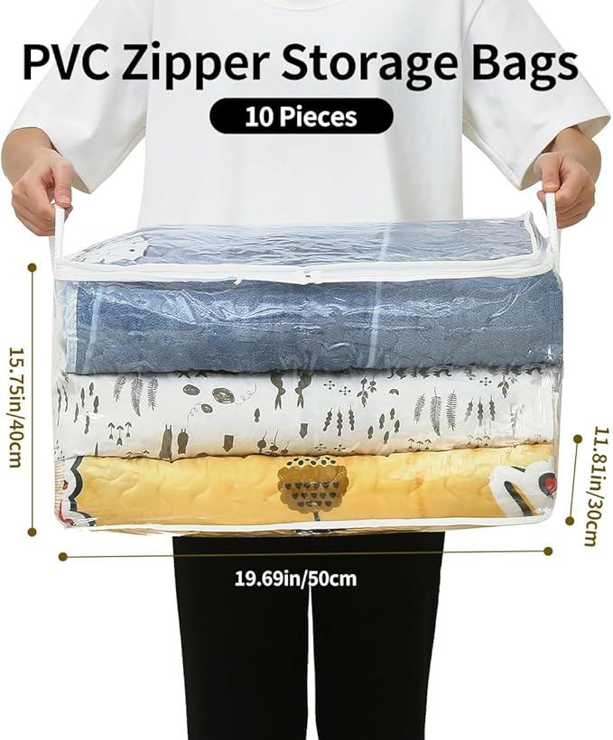 10 PCS Clear Zippered Storage Bags with Handle, Sweater Storage with Zipper, Foldable Closet Organizer Bed Sheet Organizer, Cube Plastic Organizer, Bag, Bin for Clothes,Towel-20 * 16 * 12-NeatNest