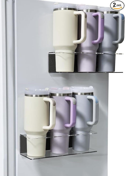 2 Pack Magnetic Stanley Cup Holder for Fridge, Acrylic Tumbler Organizer Fits 40oz&30oz Stanley Cups, Water Bottle Holder with Strong Magnets&Wall Mount, Stanley Accessories for Kitchen Storage