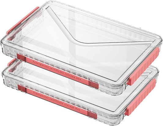 2 Pack Clear Plastic File Storage Boxes with Latching Lids, Transparent Certificate Organizer, Portable Project Case for Drawers, Clear Stackable File Box for A4 Files (‎Red Latches, Small)