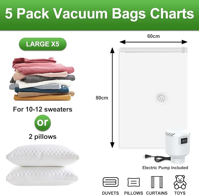 ZXA Vacuum Storage Bags with Electric Air Pump, 5 Pack Large 32''x 24'' Vacuum Seal Bags for Clothing, Space Saver Vacuum Storage Bags for Blanket, Duvets, Pillows, Comforters - White-NeatNest