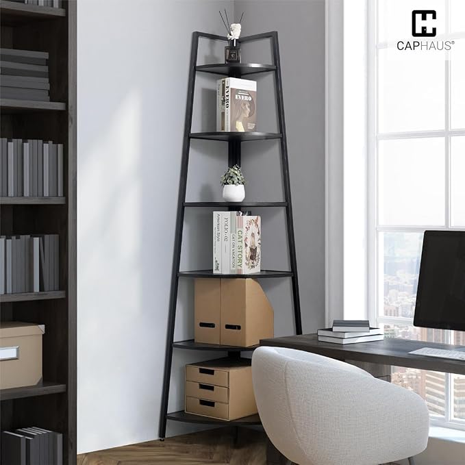 CAPHAUS Tall Corner Shelf Stand, 6-Tier Display Shelves, Ladder Corner Wood Storage Plant Bookshelf with Metal Frame, Versatile Shelving Unit Bookcase for Home Office Space, Black-NeatNest