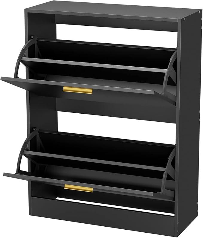 JOZZBY Shoe Cabinet Storage for Entryway, Slim Black Hidden Shoe Organizer Cabinet with 2 Flip Drawers, Wooden Narrow Shoe Rack with 2 Tier Freestanding for Hallway, Living Room-NeatNest