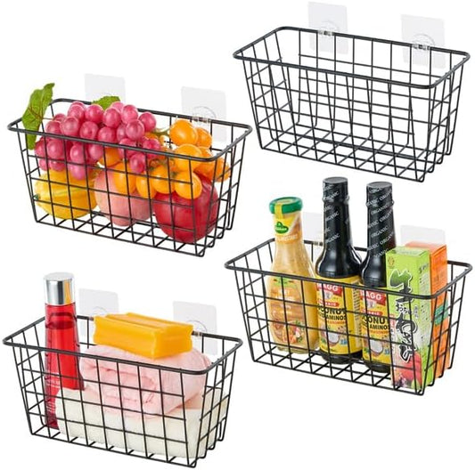 4 Pack Hanging Sorage Basket, Bathroom Basket, Household Goods, with Traceless Tape, no Drilling, for Cabinet Storage, Kitchen, Bathroom, Storage Room,Black