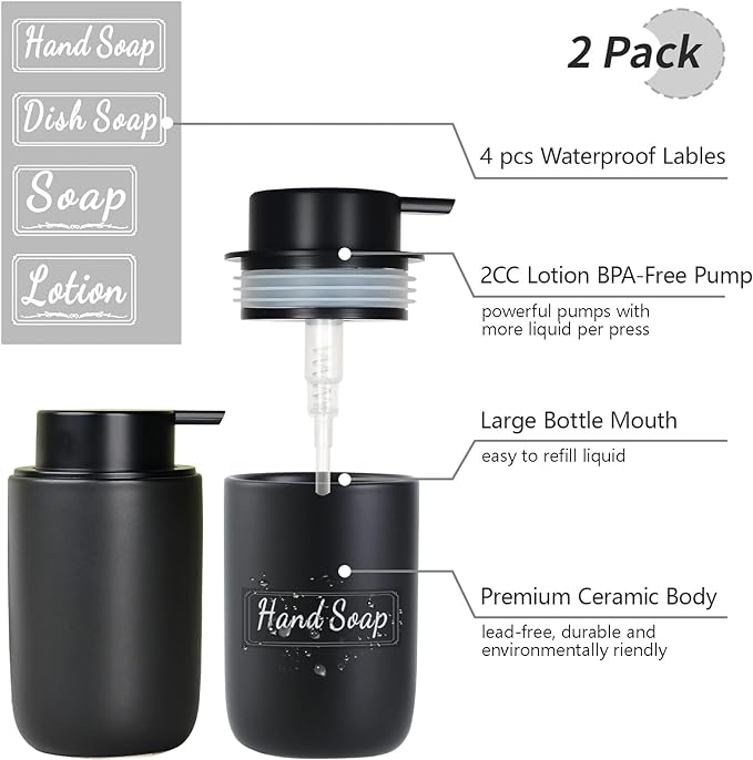 BosilunLife Black Soap Dispenser Set - 2 Pack 12oz Ceramic Dish Soap Dispenser with Rust Proof Pump for Kitchen, Hand Soap and Lotion Set Suitable for Farmhouse Bathroom Decor with Waterproof Labels-NeatNest