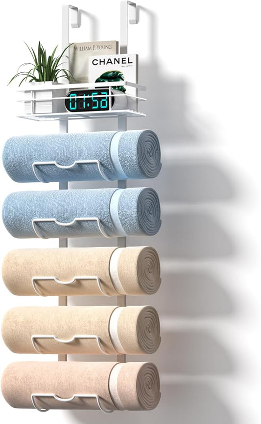 6-Tier Over The Door Towel Rack,Towel Racks for Bathroom, Metal Towel Holder with Storage Basket,Towel Rack for Rolled Towels,Bathroom Shelves,White