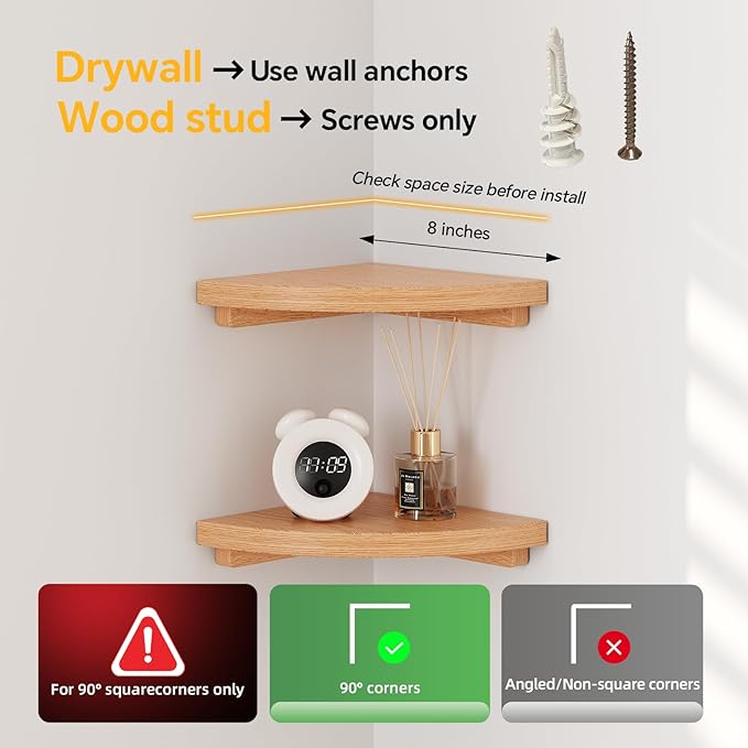 Floating Corner Shelves Oak 8", Solid Oak Wall Mounted Wooden Display Storage Rack with Wire Hole for Plants, Photos, Speakers, Bedroom, Kitchen, Living Room Décor - 2-Pack-NeatNest