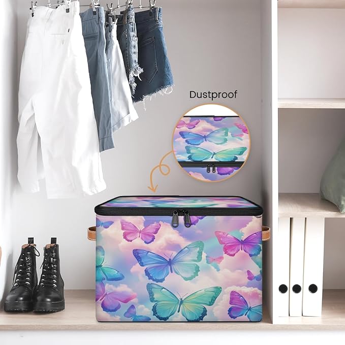 Colorful Butterfly Storage Bins with Zipper Lid, Watercolor Animals Lidded Storage Baskets Boxes Foldable Organizer with Leather Handles for Clothes Closet Shelf Toys-NeatNest