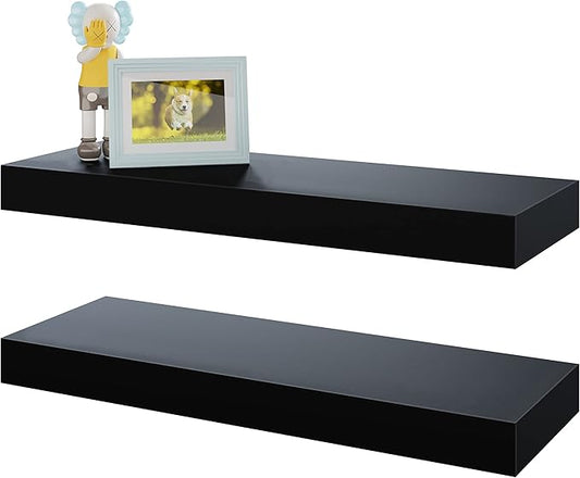 BAMEOS Floating Shelves, Black Wall Mounted Wooden Shelves with Invisible Brackets Set of 2, Hanging Wall Shelves Decoration for Bedroom, Bathroom, Living Room and Kitchen-NeatNest