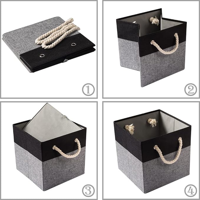 PRANDOM Large Foldable Cube Storage Bins 11x11 inch [2-Pack] Fabric Linen Storage Baskets Cubes Drawer with Cotton Handles Organizer for Shelves Nursery Closet Bedroom Black-NeatNest