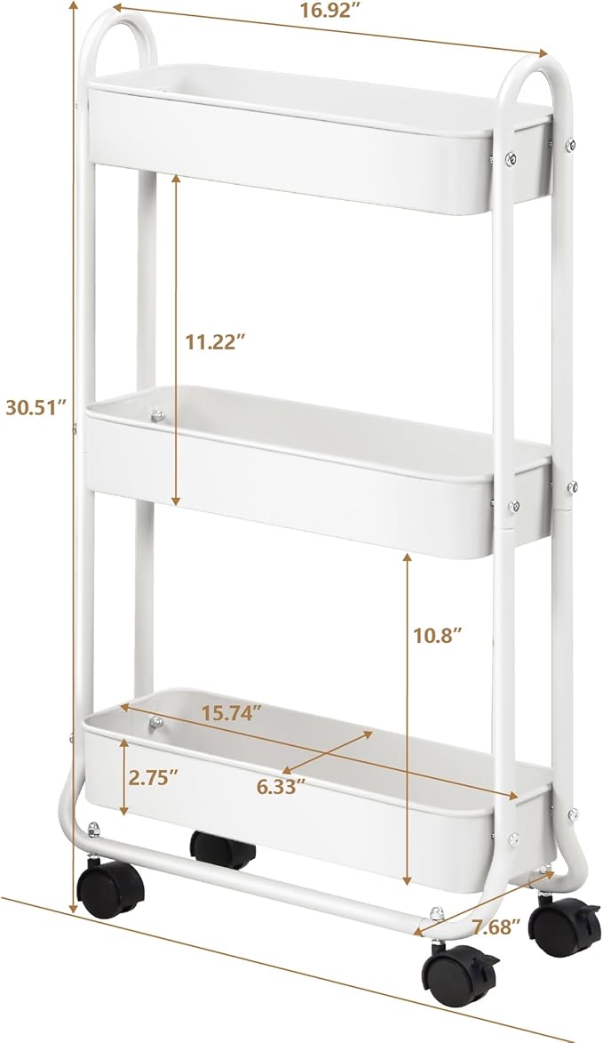 SunnyPoint Slim Rolling Storage Cart, 3 Tier Bathroom Storage Organizer Bathroom, Laundry Utility Cart (White)-NeatNest
