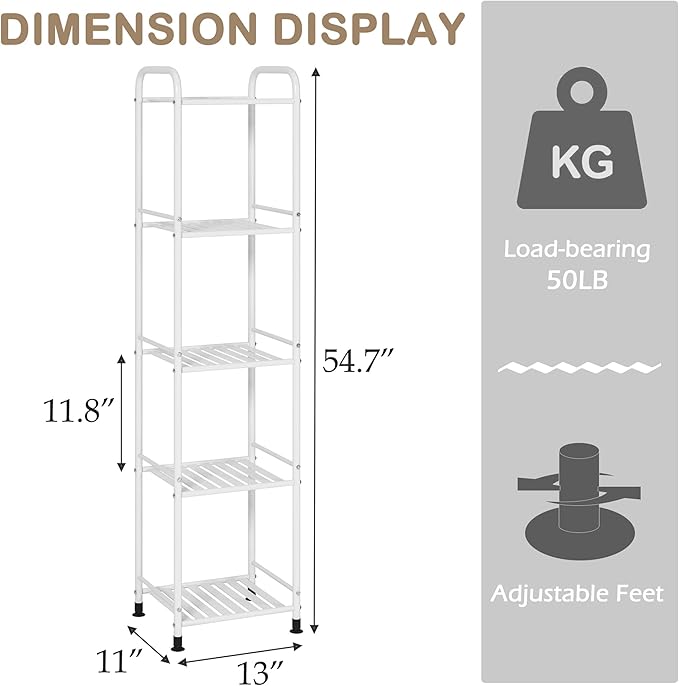 JSB 5 Tier Narrow Bathroom Shelving Unit, Kitchen Storage Rack Organizer Metal Corner Shelf for Living Room Laundry Pantry (Matte White, 5 Tier)-NeatNest