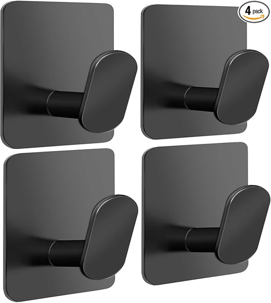 Adhesive Hooks - 4 Pack Towel/Wall Hooks for Hanging Coat, Hat,Towel Robe, Heavy Duty Hooks Stick on Kitchen or Bathroom (Matte Black, Waterproof, Stainless Steel)
