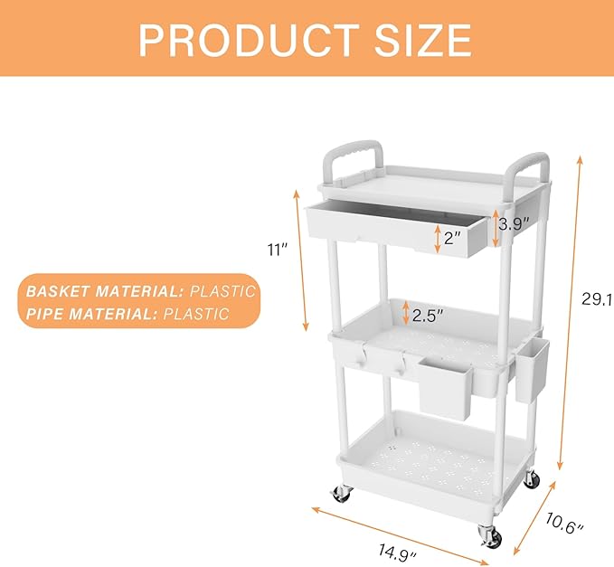3 Tier Rolling Utility Cart with Drawer,REBECAT Utility Cart Made of Multifunctional Storage Organizer Tool for Kitchen,Bathroom,Living Room,Office(White)-NeatNest