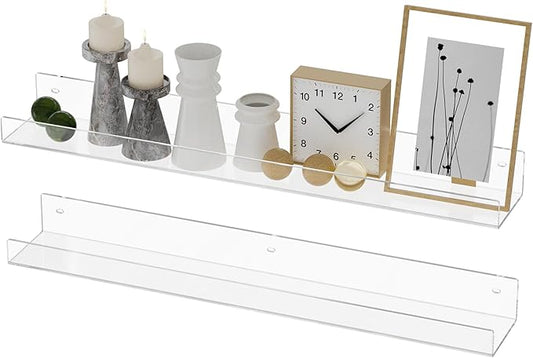 24'' Clear Acrylic Wall Long Shelf 2 Pack, Acrylic Floating Book Shelves, Wall Mounting Invisible Ledge Book Shelf-NeatNest