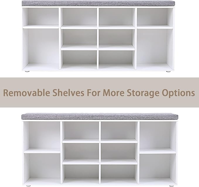DINZI LVJ Shoe Storage Bench with Cushion, Cubby Shoe Rack with 12 Cubbies, Adjustable Shelves, Multifunctional Shoe Organizer Bench for Entryway, Mudroom, Hallway, Closet and Garage, White-NeatNest